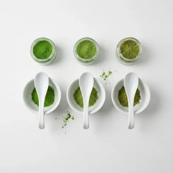 MuusPro seramik matcha tadım seti, beyaz seramik kaşık ve kaseler.