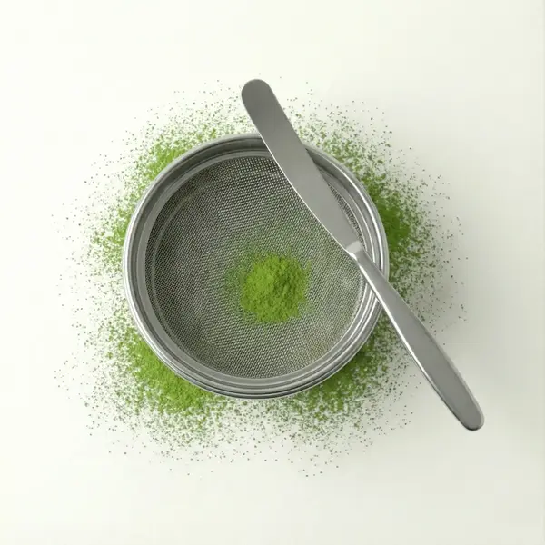 MuusPro profesyonel matcha eleğinin içinde matcha tozuyla üstten görünümü.
